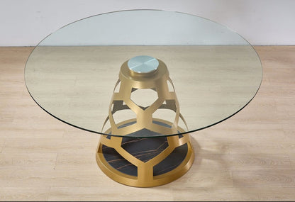 48" Clear And Gold Glass And Steel Pedestal Base Round Top Dining Table HomeRoots