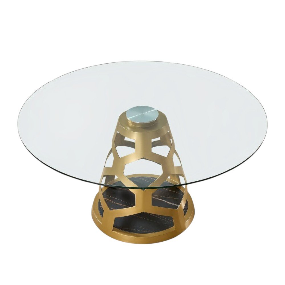 48" Clear And Gold Glass And Steel Pedestal Base Round Top Dining Table HomeRoots