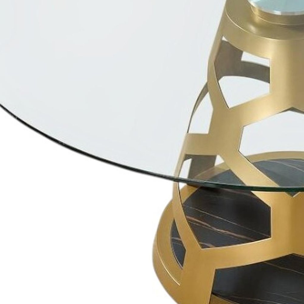 48" Clear And Gold Glass And Steel Pedestal Base Round Top Dining Table — view 3