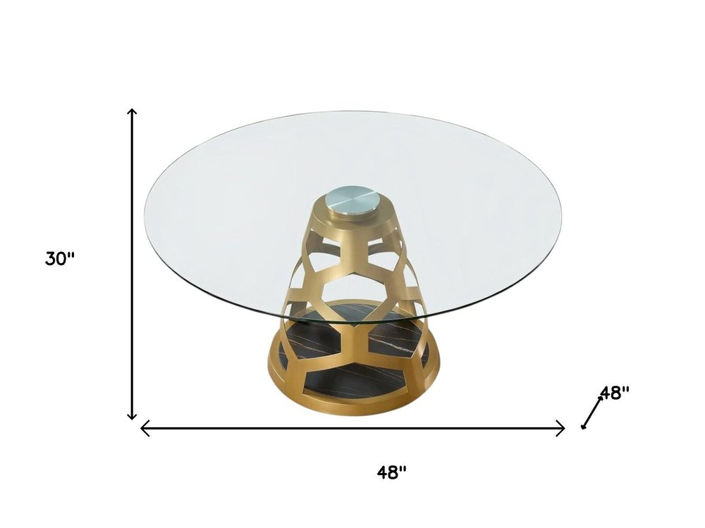 48" Clear And Gold Glass And Steel Pedestal Base Round Top Dining Table HomeRoots