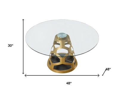 48" Clear And Gold Glass And Steel Pedestal Base Round Top Dining Table HomeRoots