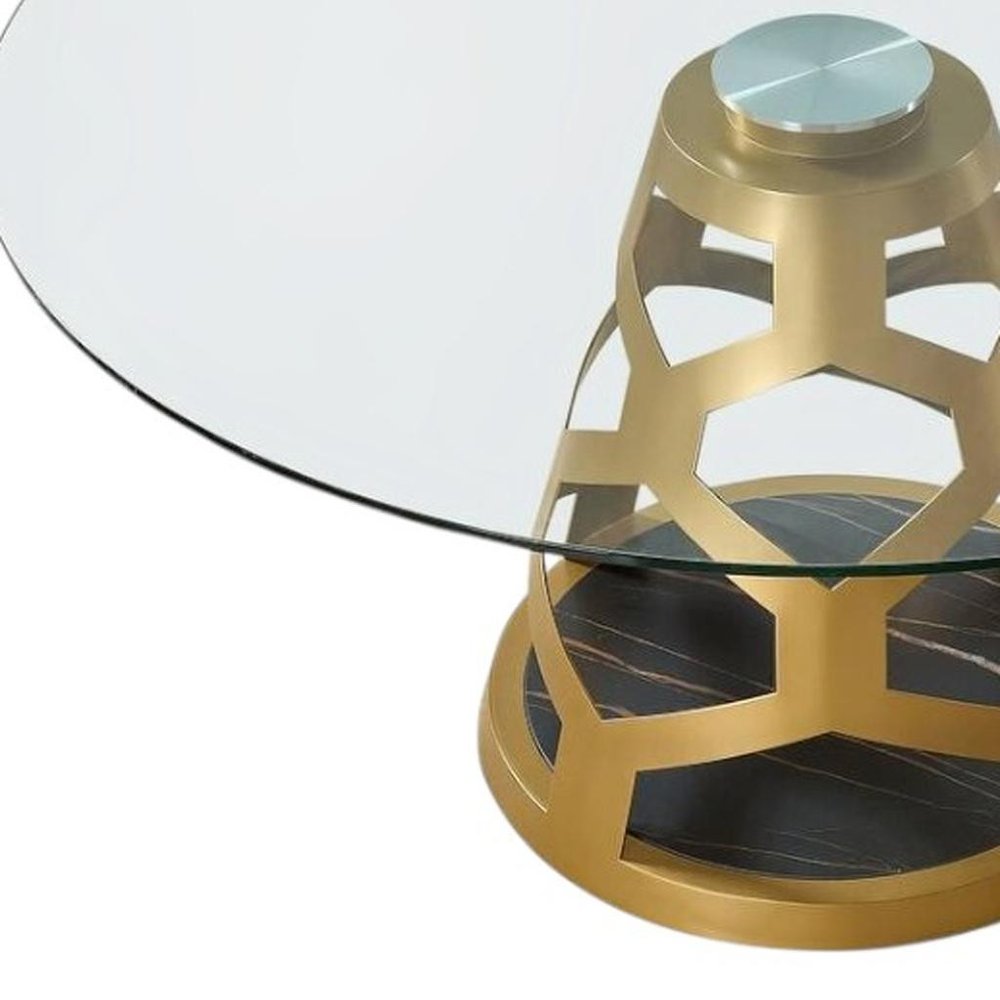 48" Clear And Gold Glass And Steel Pedestal Base Round Top Dining Table — view 4