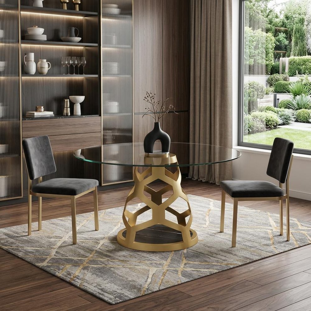 48" Clear And Gold Glass And Steel Pedestal Base Round Top Dining Table — view 1