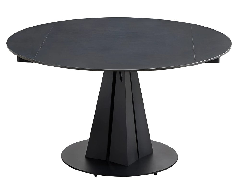 51" Black Stone and Metal Self-Storing Leaf Pedestal Base Round Top Extendable Dining Table HomeRoots