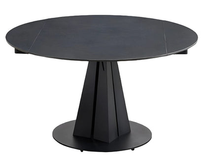 51" Black Stone and Metal Self-Storing Leaf Pedestal Base Round Top Extendable Dining Table HomeRoots