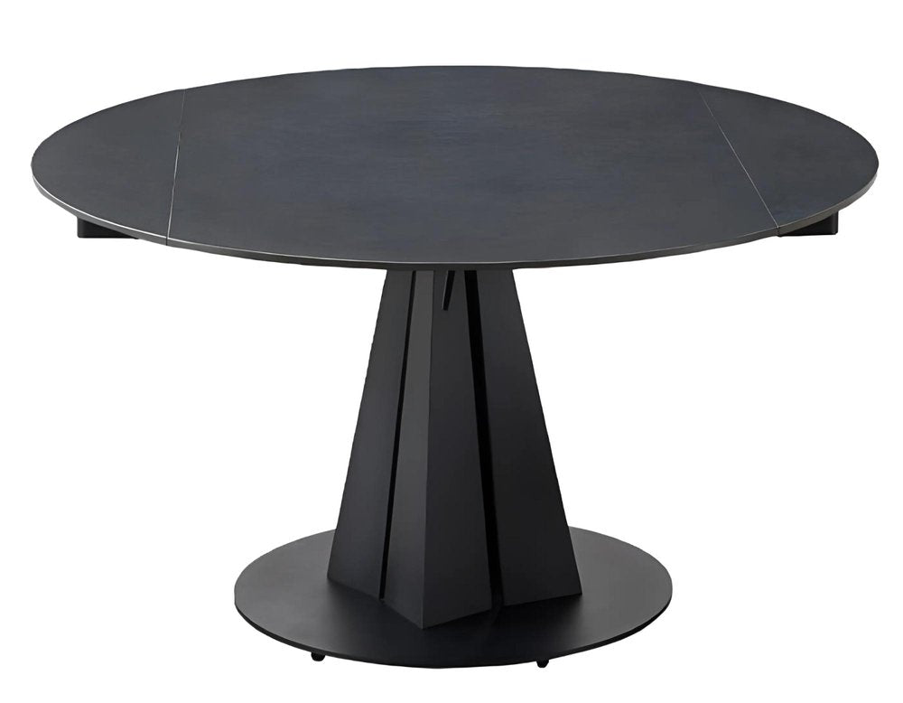 51" Black Stone and Metal Self-Storing Leaf Pedestal Base Round Top Extendable Dining Table HomeRoots