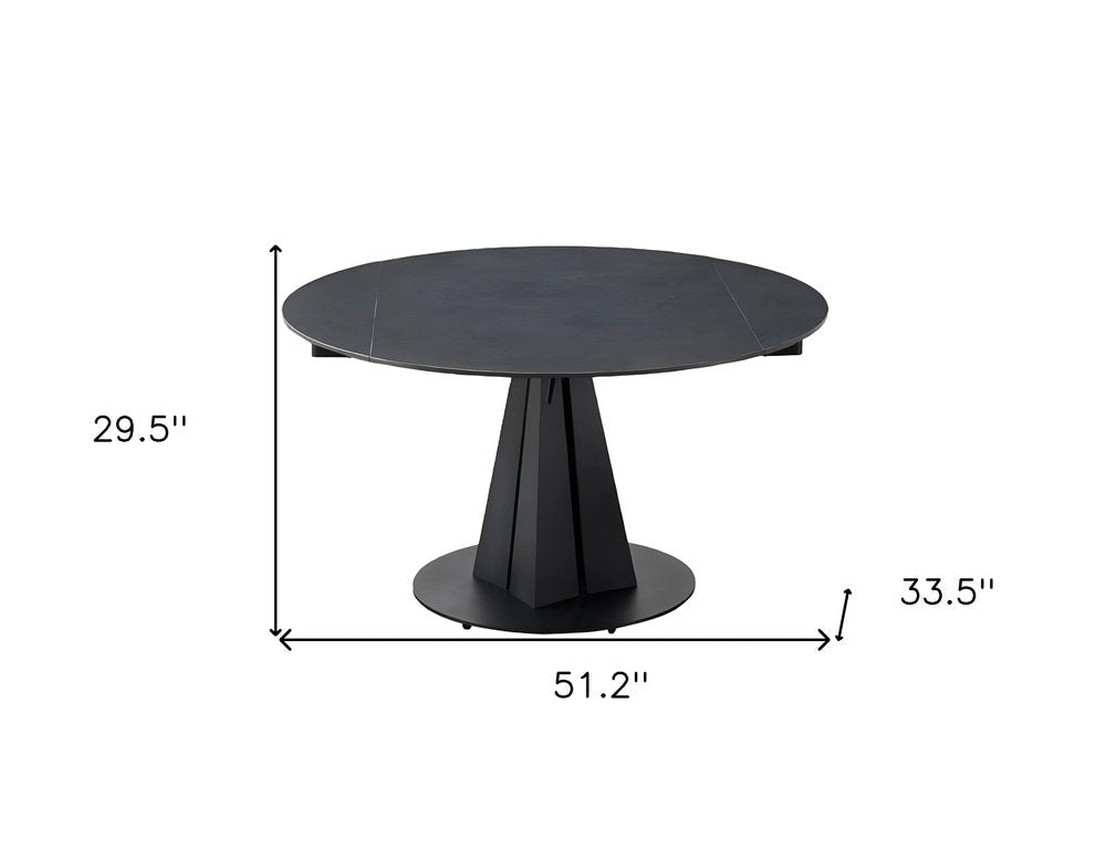51" Black Stone and Metal Self-Storing Leaf Pedestal Base Round Top Extendable Dining Table HomeRoots
