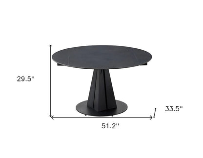 51" Black Stone and Metal Self-Storing Leaf Pedestal Base Round Top Extendable Dining Table HomeRoots