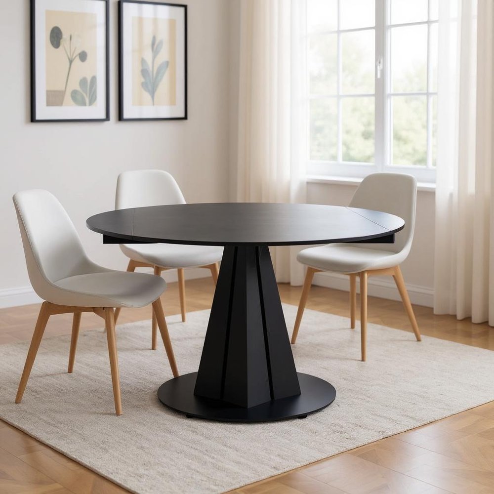 51" Black Stone and Metal Self-Storing Leaf Pedestal Base Round Top Extendable Dining Table HomeRoots