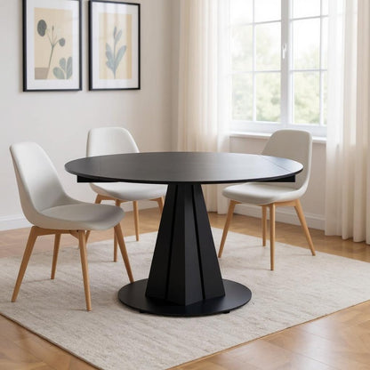 51" Black Stone and Metal Self-Storing Leaf Pedestal Base Round Top Extendable Dining Table HomeRoots