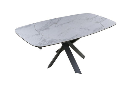 47" Gray and White Ceramic and Metal Self-Storing Leaf Cross Leg Base Oval Extendable Dining Table HomeRoots