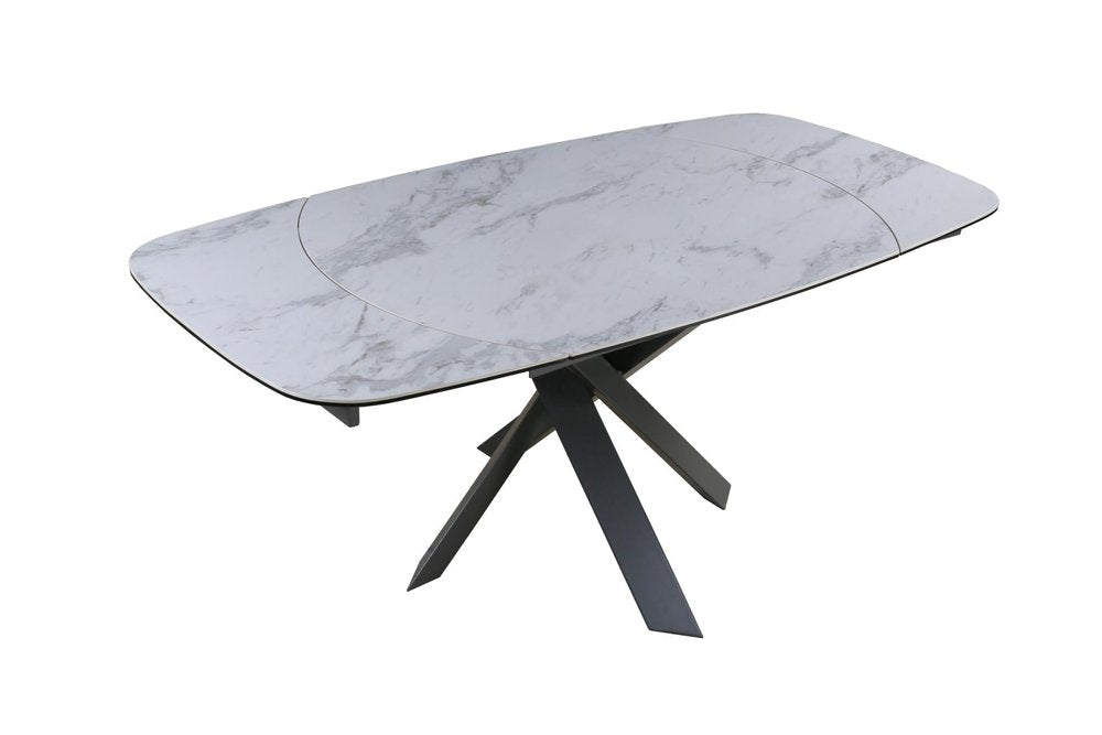 47" Gray and White Ceramic and Metal Self-Storing Leaf Cross Leg Base Oval Extendable Dining Table HomeRoots