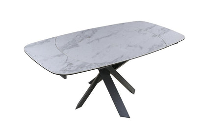 47" Gray and White Ceramic and Metal Self-Storing Leaf Cross Leg Base Oval Extendable Dining Table HomeRoots