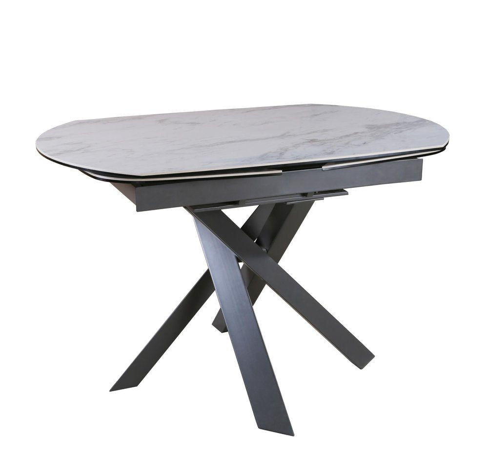 47" Gray and White Ceramic and Metal Self-Storing Leaf Cross Leg Base Oval Extendable Dining Table HomeRoots
