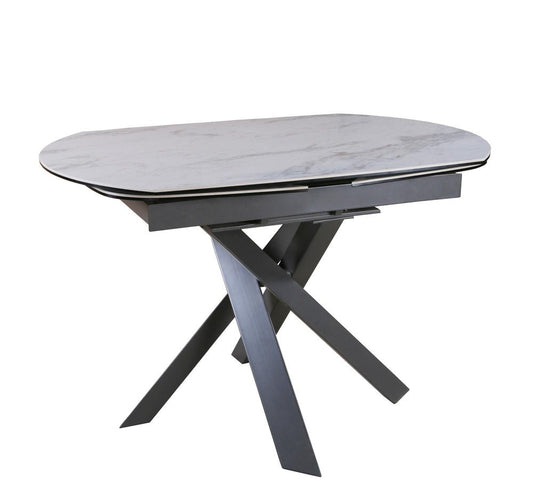47" Gray and White Ceramic and Metal Self-Storing Leaf Cross Leg Base Oval Extendable Dining Table HomeRoots