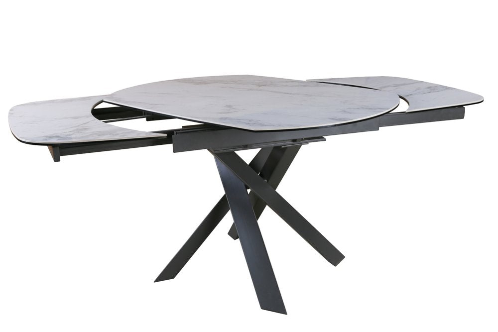 47" Gray and White Ceramic and Metal Self-Storing Leaf Cross Leg Base Oval Extendable Dining Table HomeRoots