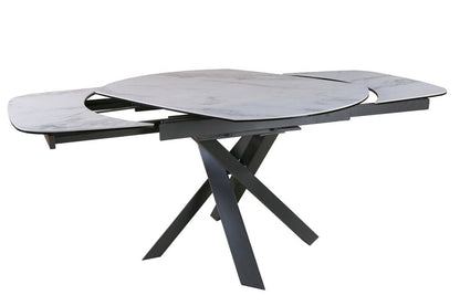 47" Gray and White Ceramic and Metal Self-Storing Leaf Cross Leg Base Oval Extendable Dining Table HomeRoots