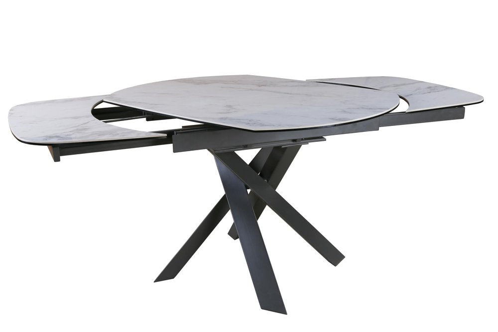 47" Gray and White Ceramic and Metal Self-Storing Leaf Cross Leg Base Oval Extendable Dining Table HomeRoots