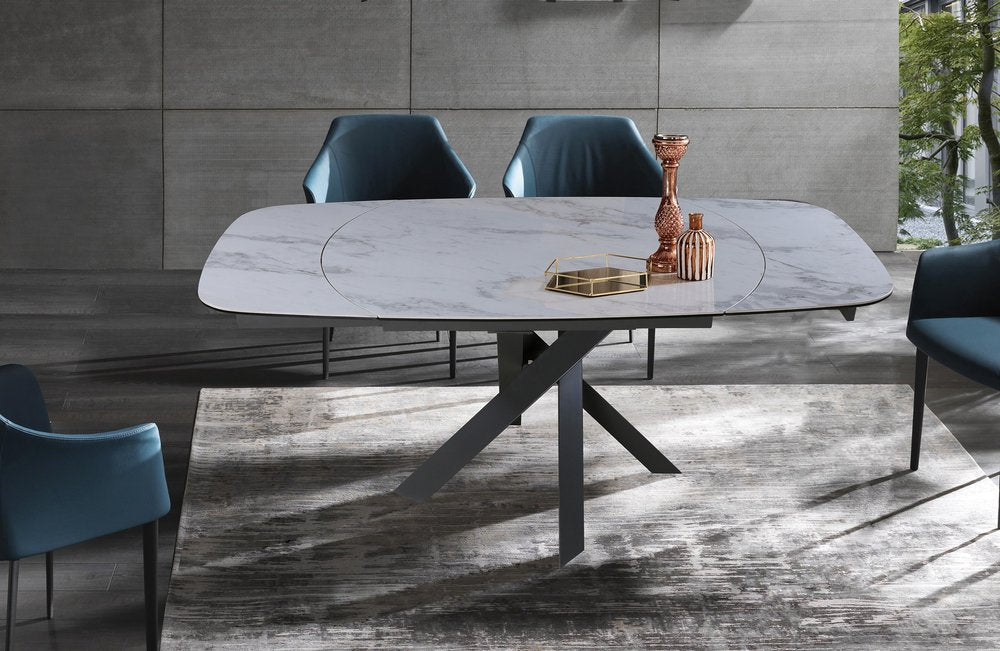 47" Gray and White Ceramic and Metal Self-Storing Leaf Cross Leg Base Oval Extendable Dining Table HomeRoots