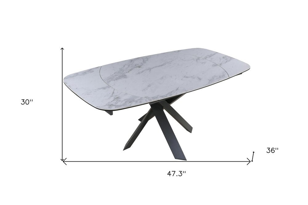 47" Gray and White Ceramic and Metal Self-Storing Leaf Cross Leg Base Oval Extendable Dining Table HomeRoots