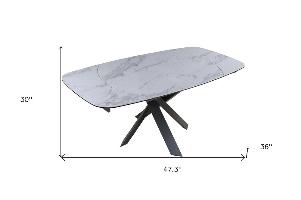47" Gray and White Ceramic and Metal Self-Storing Leaf Cross Leg Base Oval Extendable Dining Table HomeRoots