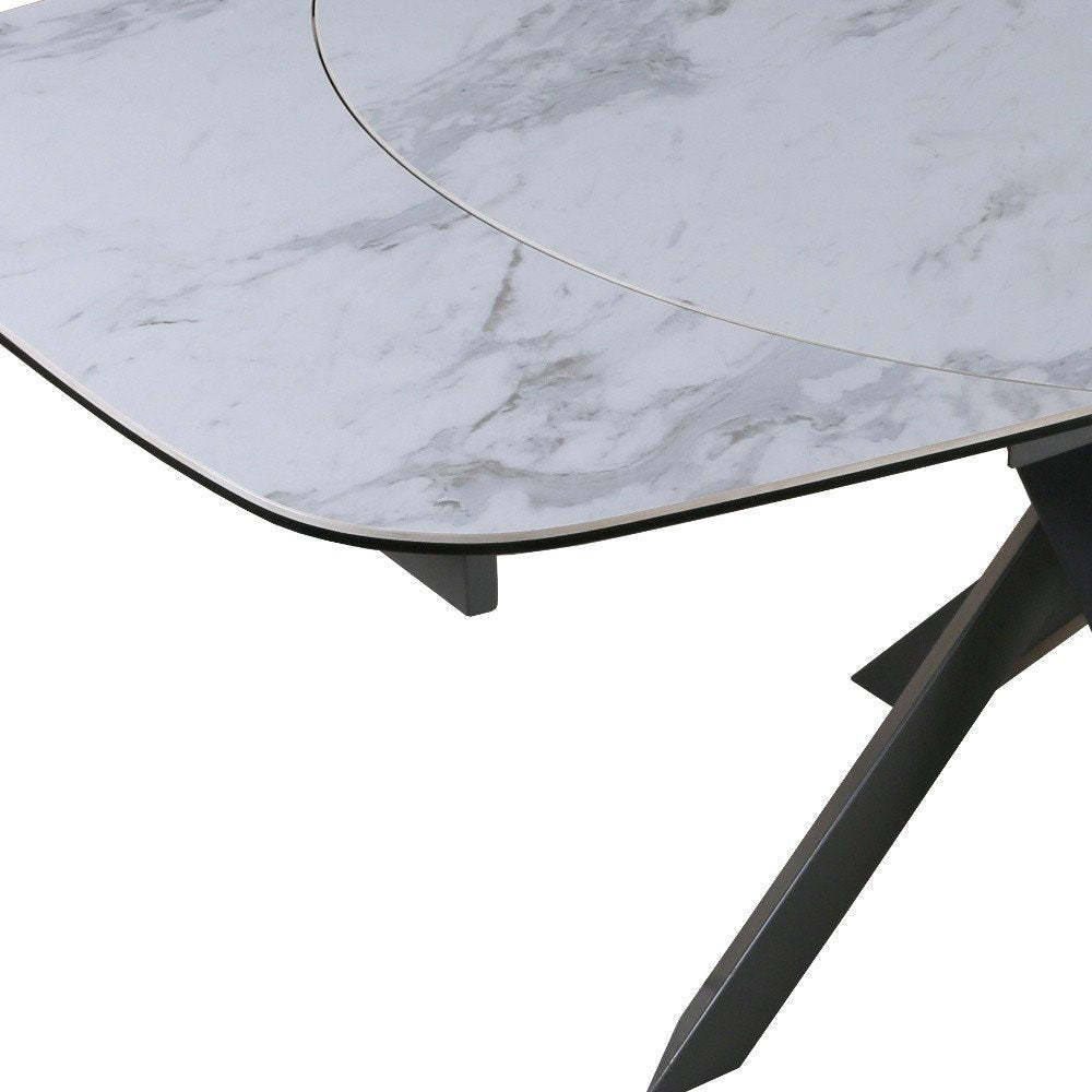 47" Gray and White Ceramic and Metal Self-Storing Leaf Cross Leg Base Oval Extendable Dining Table HomeRoots