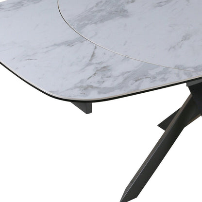 47" Gray and White Ceramic and Metal Self-Storing Leaf Cross Leg Base Oval Extendable Dining Table HomeRoots