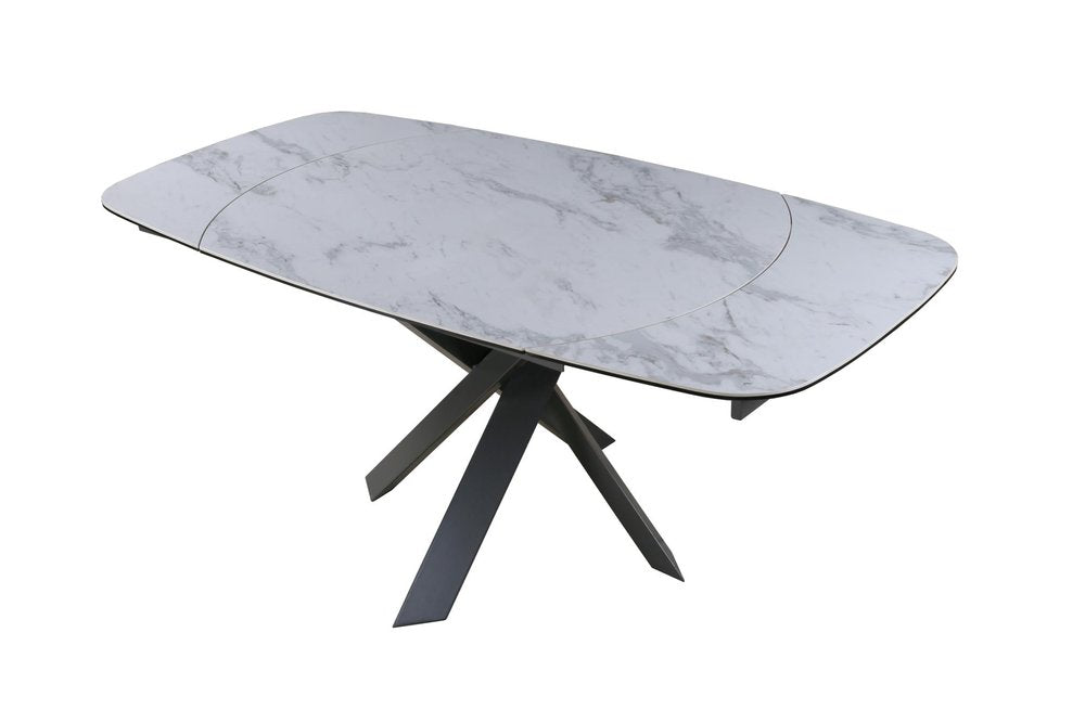 47" Gray and White Ceramic and Metal Self-Storing Leaf Cross Leg Base Oval Extendable Dining Table HomeRoots