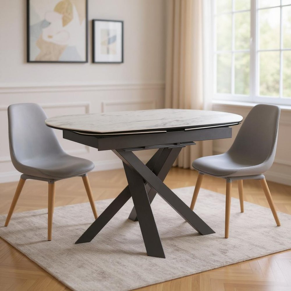 47" Gray and White Ceramic and Metal Self-Storing Leaf Cross Leg Base Oval Extendable Dining Table HomeRoots
