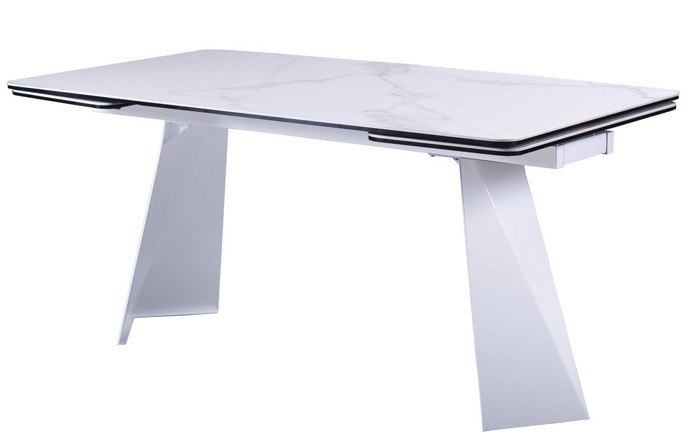 63" White Ceramic and Metal Self-Storing Leaf Pedestal Base Extendable Dining Table HomeRoots