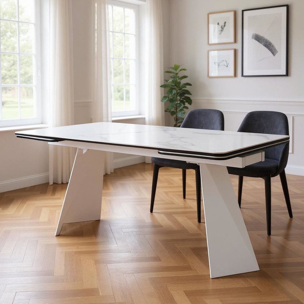 63" White Ceramic and Metal Self-Storing Leaf Pedestal Base Extendable Dining Table HomeRoots