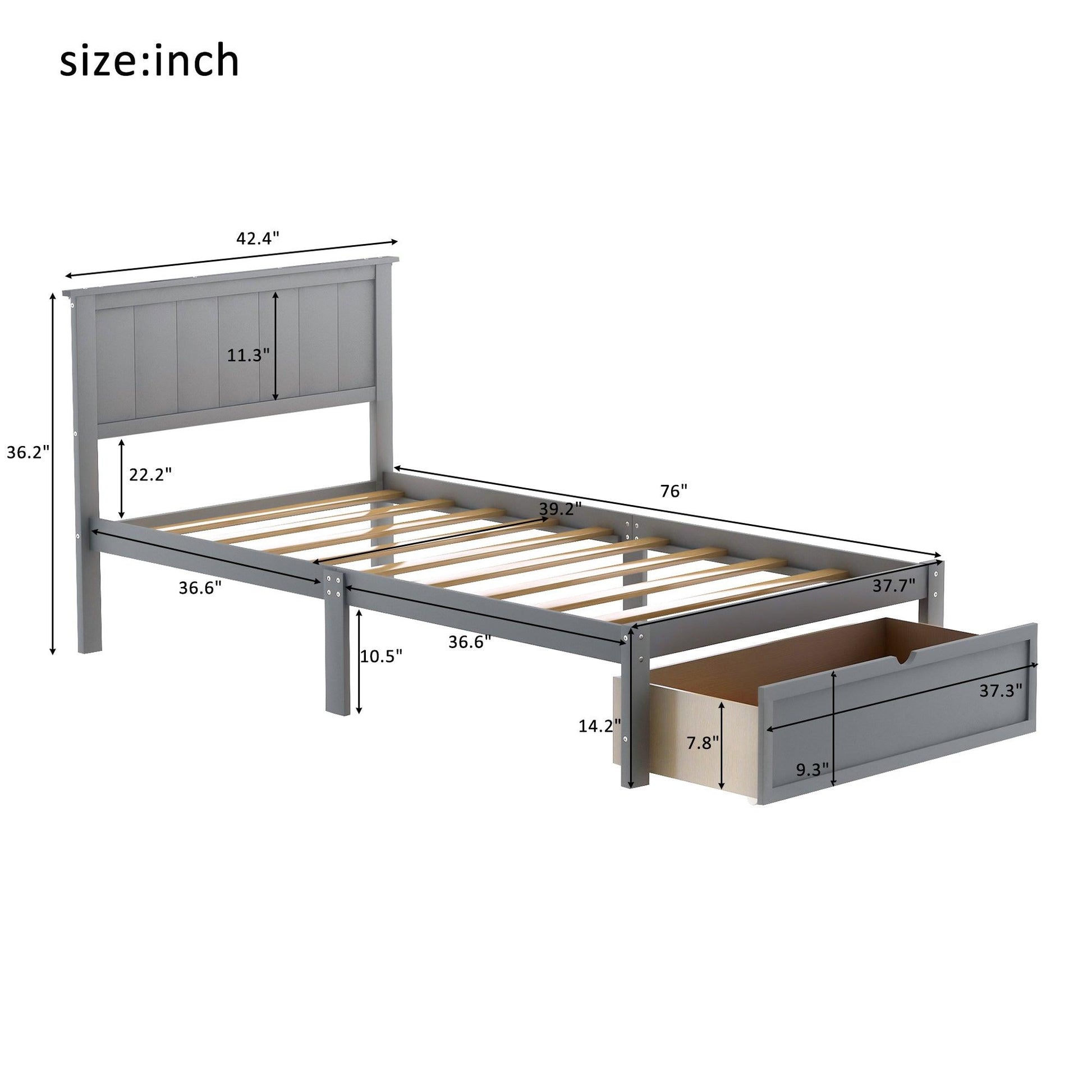 Twin Size Platform Bed with Under-bed Drawer Gray - FurniFindUSA