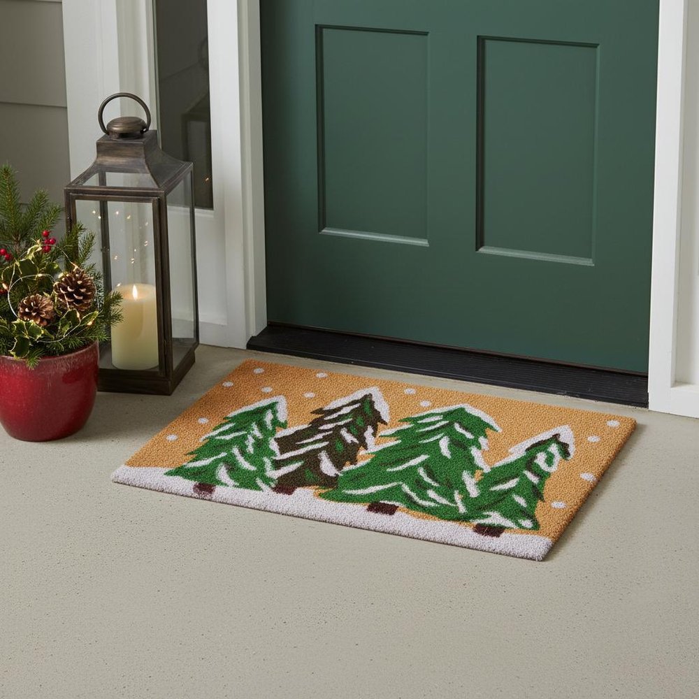 17" X 29" Natural and Green Coir Christmas Trees Outdoor Christmas Door Mat HomeRoots
