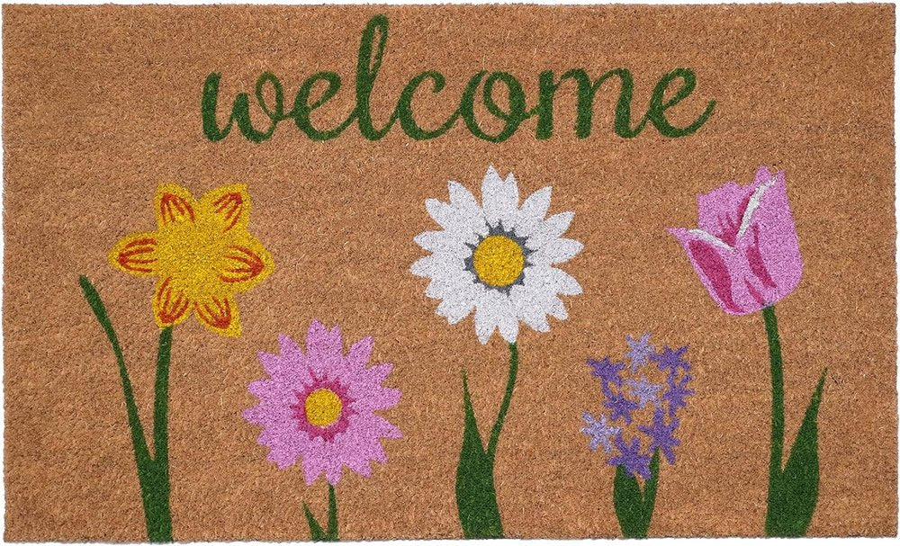 17" X 29" Natural Pink and Green Coir Floral Welcome Outdoor Door Mat HomeRoots