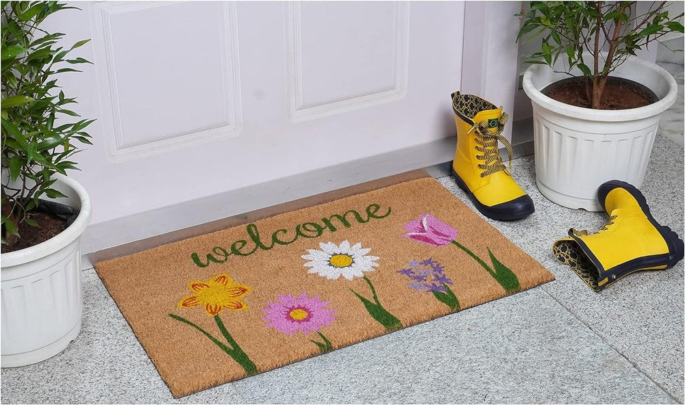 17" X 29" Natural Pink and Green Coir Floral Welcome Outdoor Door Mat HomeRoots