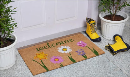 17" X 29" Natural Pink and Green Coir Floral Welcome Outdoor Door Mat HomeRoots