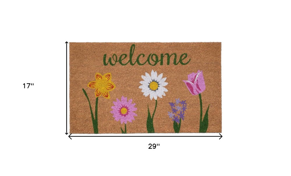 17" X 29" Natural Pink and Green Coir Floral Welcome Outdoor Door Mat HomeRoots