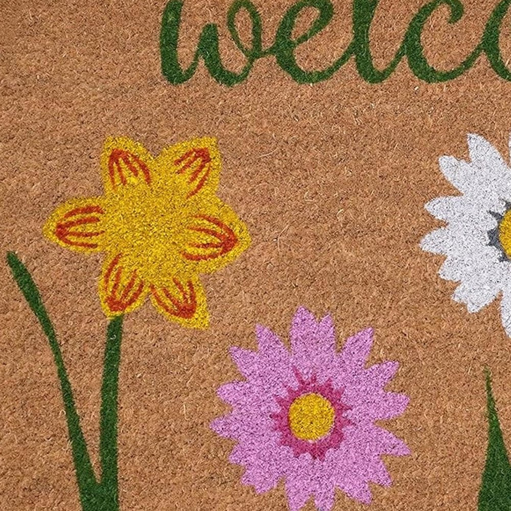 17" X 29" Natural Pink and Green Coir Floral Welcome Outdoor Door Mat HomeRoots