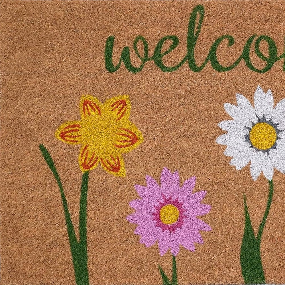 17" X 29" Natural Pink and Green Coir Floral Welcome Outdoor Door Mat HomeRoots