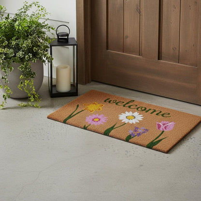 17" X 29" Natural Pink and Green Coir Floral Welcome Outdoor Door Mat HomeRoots