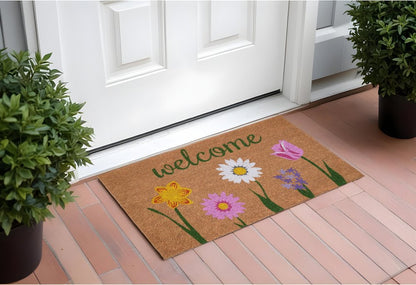 17" X 29" Natural Pink and Green Coir Floral Welcome Outdoor Door Mat HomeRoots
