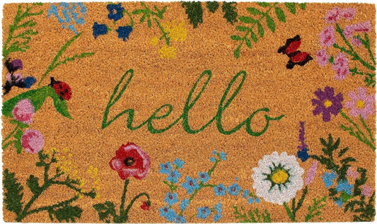 24" X 36" Natural and Green Coir Floral Hello Outdoor Door Mat HomeRoots