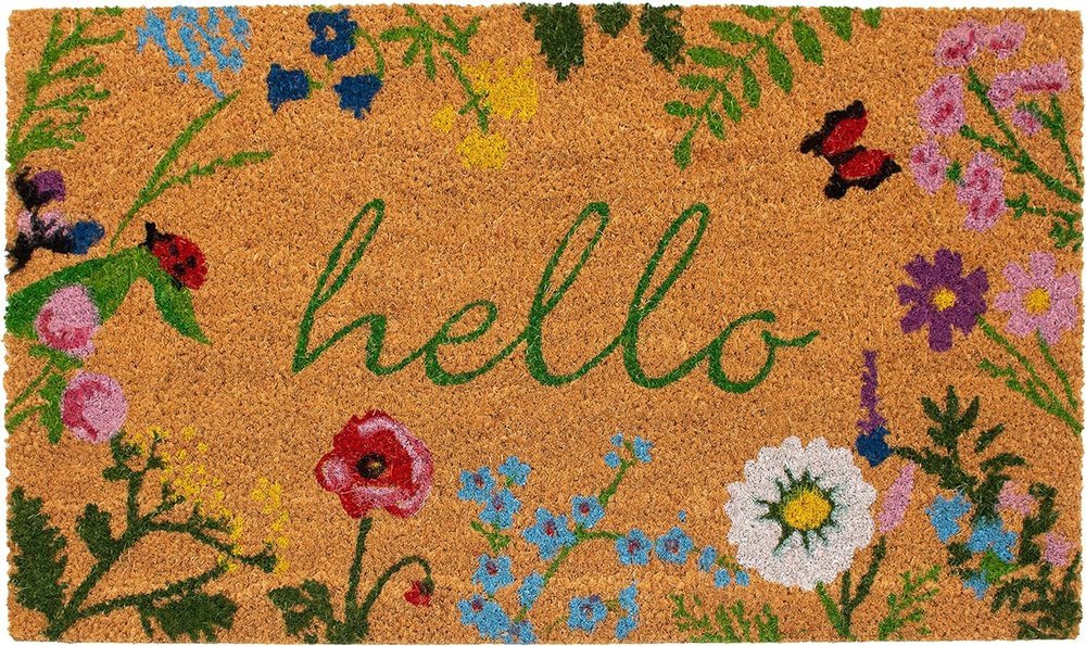 24" X 36" Natural and Green Coir Floral Hello Outdoor Door Mat HomeRoots