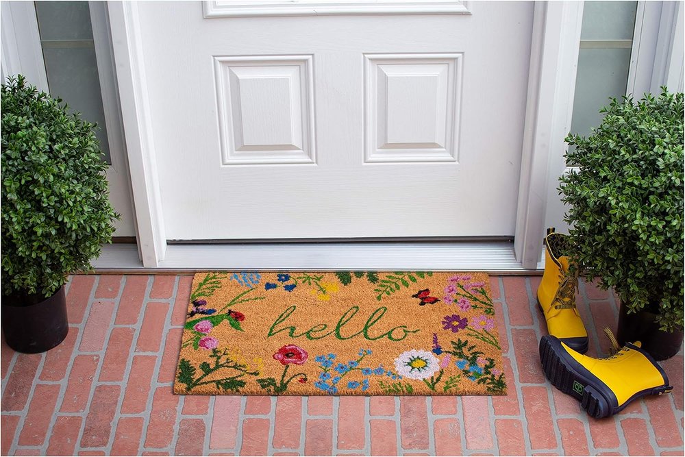 24" X 36" Natural and Green Coir Floral Hello Outdoor Door Mat HomeRoots