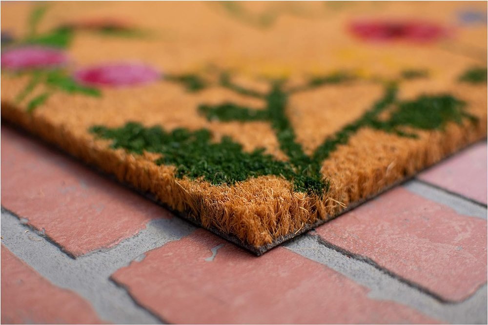 24" X 36" Natural and Green Coir Floral Hello Outdoor Door Mat HomeRoots