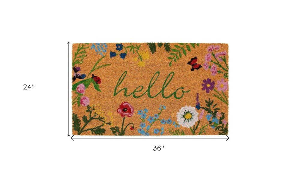 24" X 36" Natural and Green Coir Floral Hello Outdoor Door Mat HomeRoots