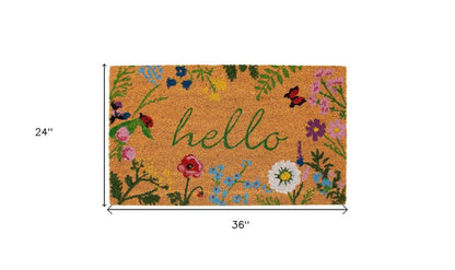24" X 36" Natural and Green Coir Floral Hello Outdoor Door Mat HomeRoots
