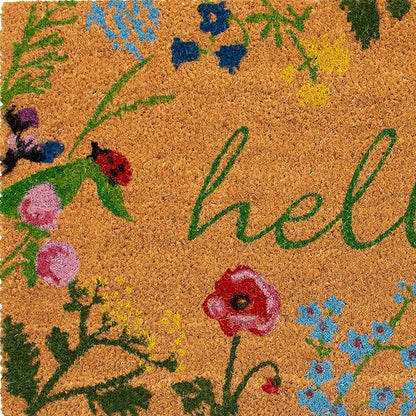 24" X 36" Natural and Green Coir Floral Hello Outdoor Door Mat HomeRoots