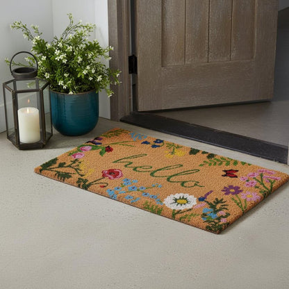 24" X 36" Natural and Green Coir Floral Hello Outdoor Door Mat HomeRoots