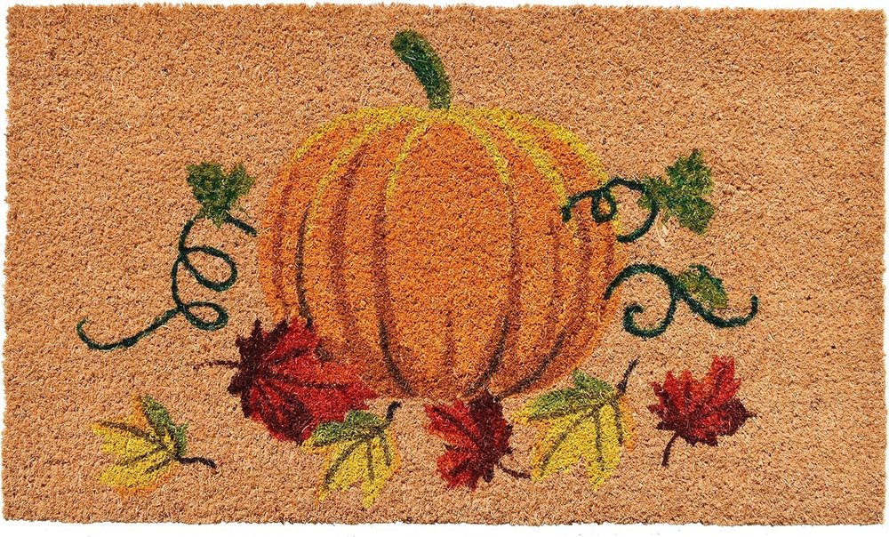 17" X 29" Natural And Orange Pumpkin Outdoor Coir Door Mat HomeRoots